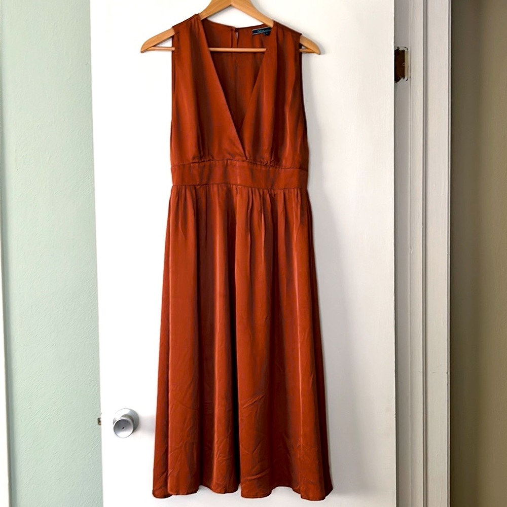 Burnt Sienna Deep V-Neck Satin Dress, by Shore